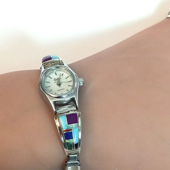 Native American Watch tips shoulders multistone inlay signed (1593) - Picture 6 of 6